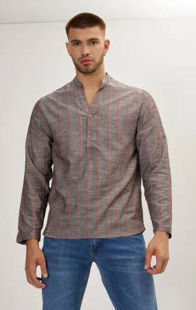 Mandarin Collar Linen Shirt - Anthracite