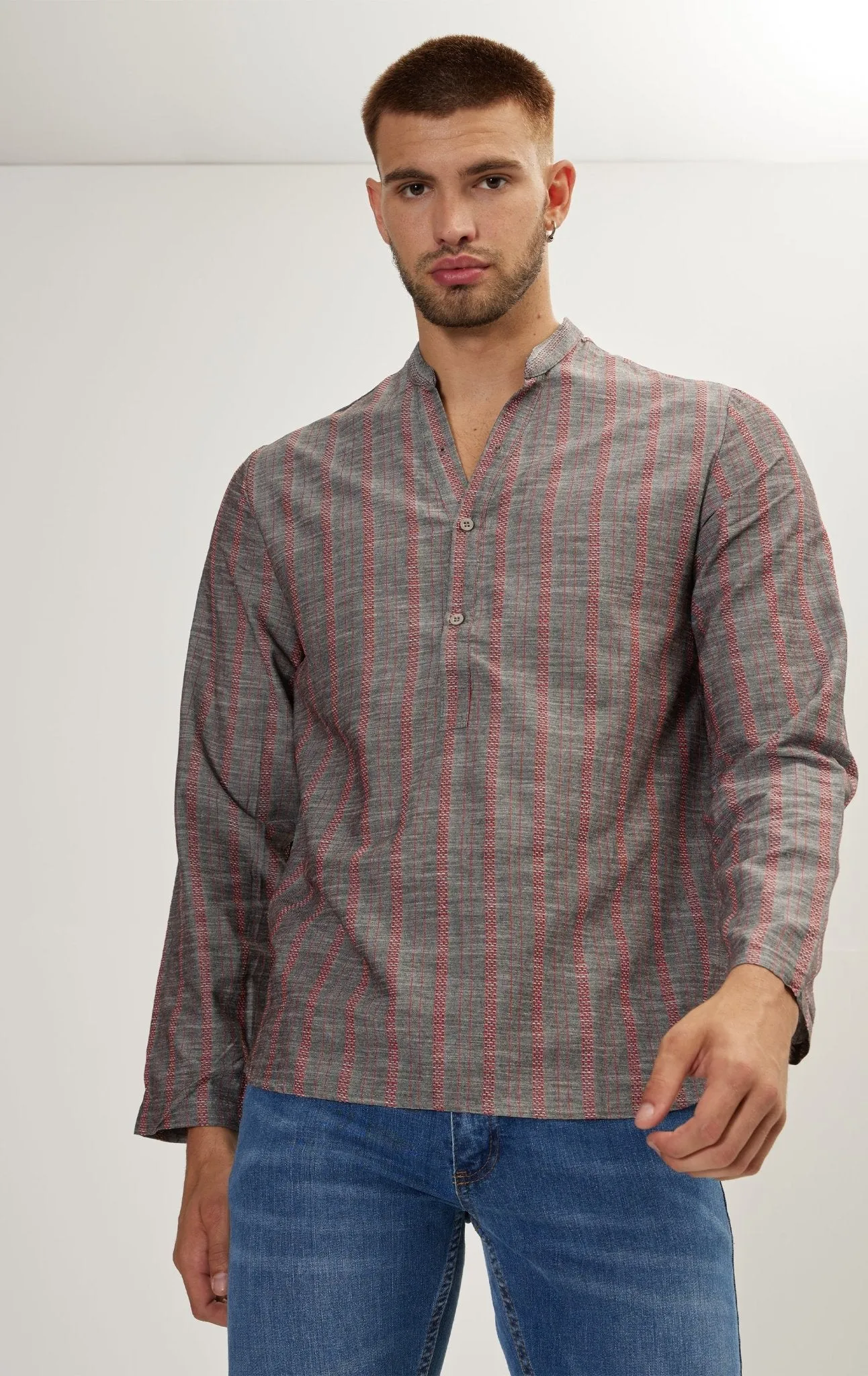 Mandarin Collar Linen Shirt - Anthracite