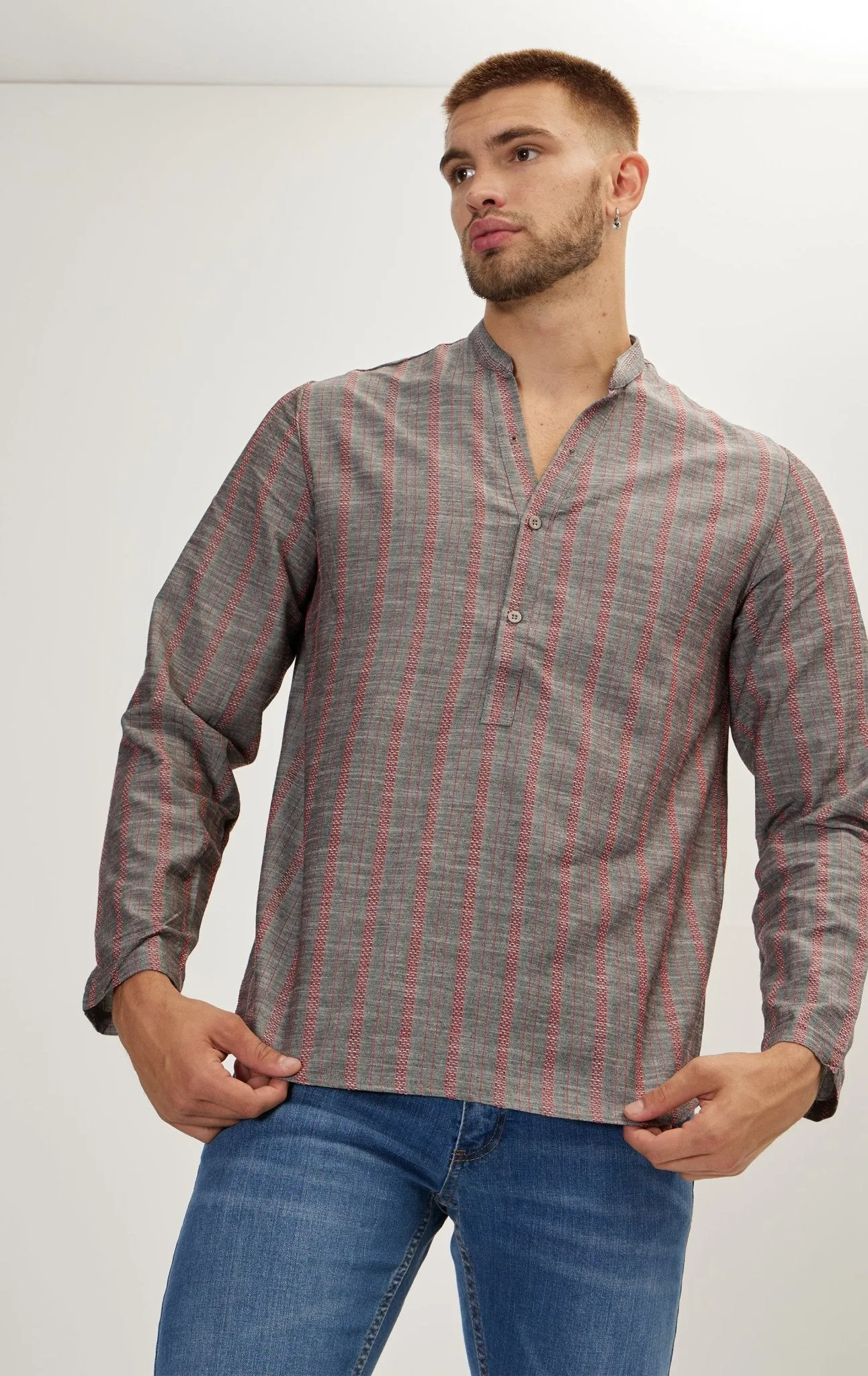 Mandarin Collar Linen Shirt - Anthracite