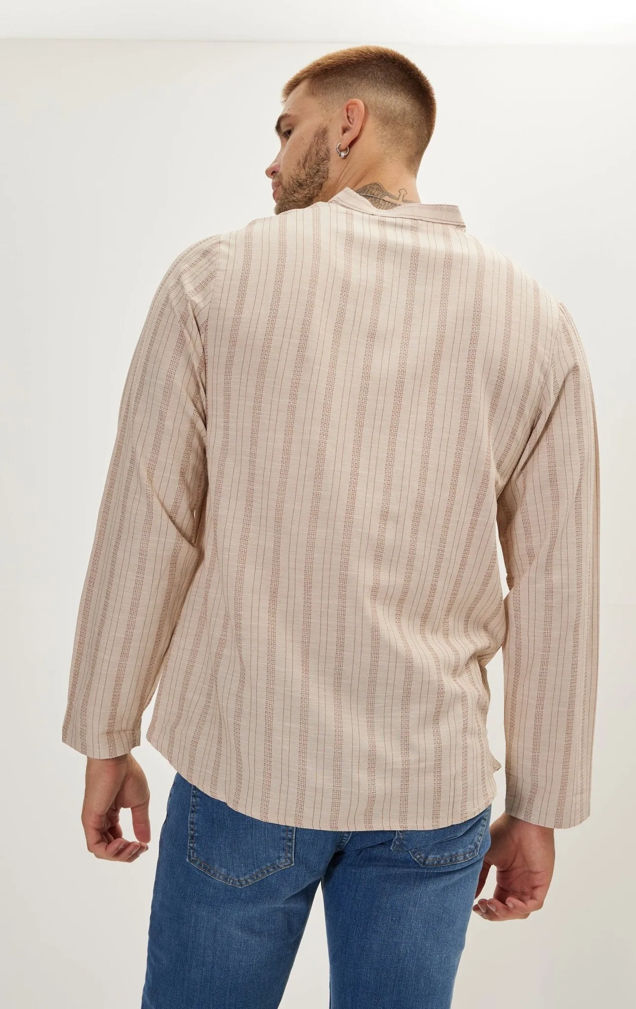 Mandarin Collar Linen Shirt - Beige