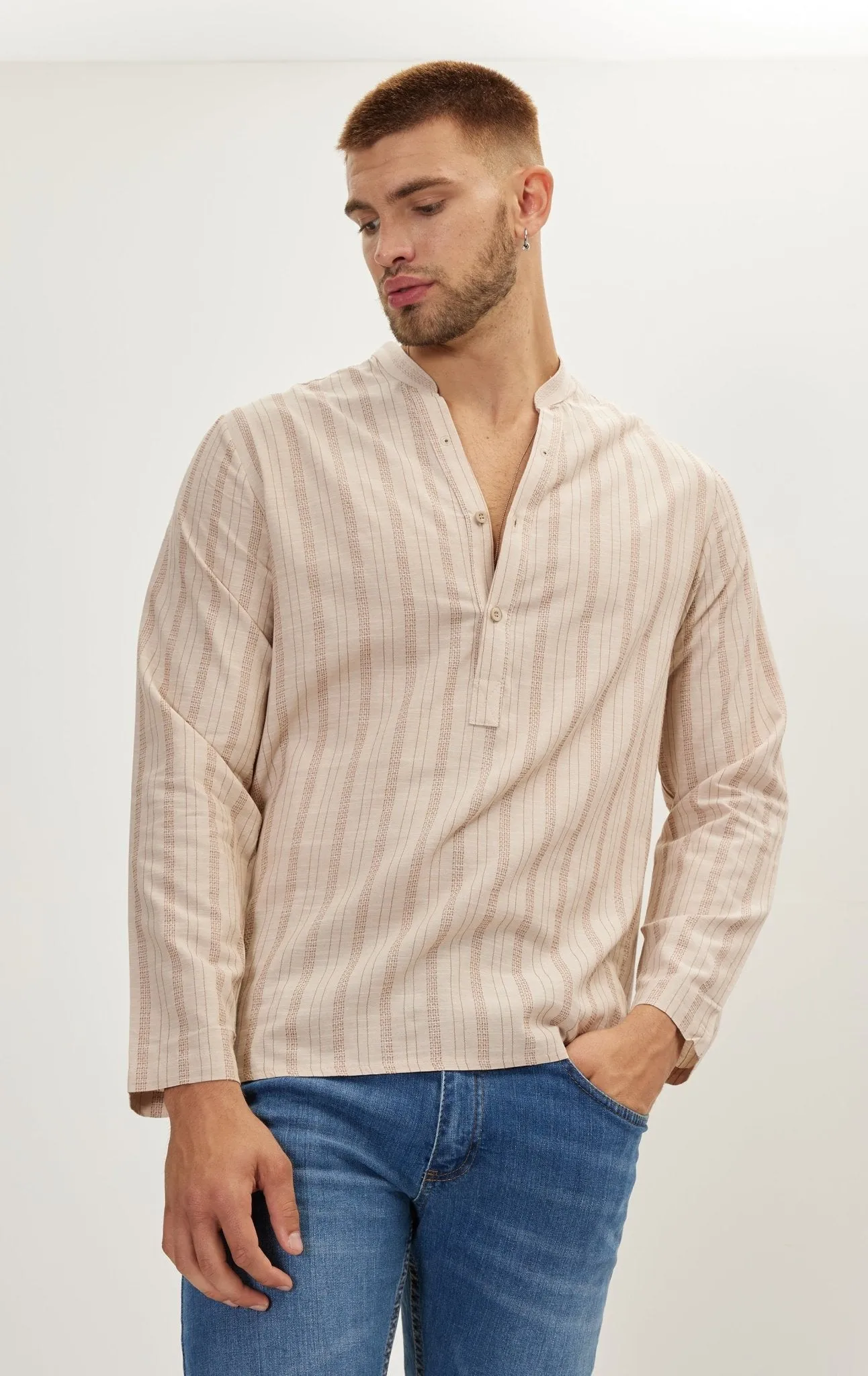 Mandarin Collar Linen Shirt - Beige