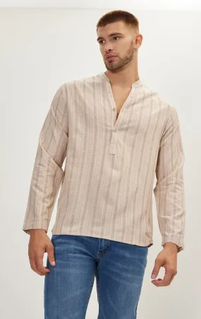 Mandarin Collar Linen Shirt - Beige