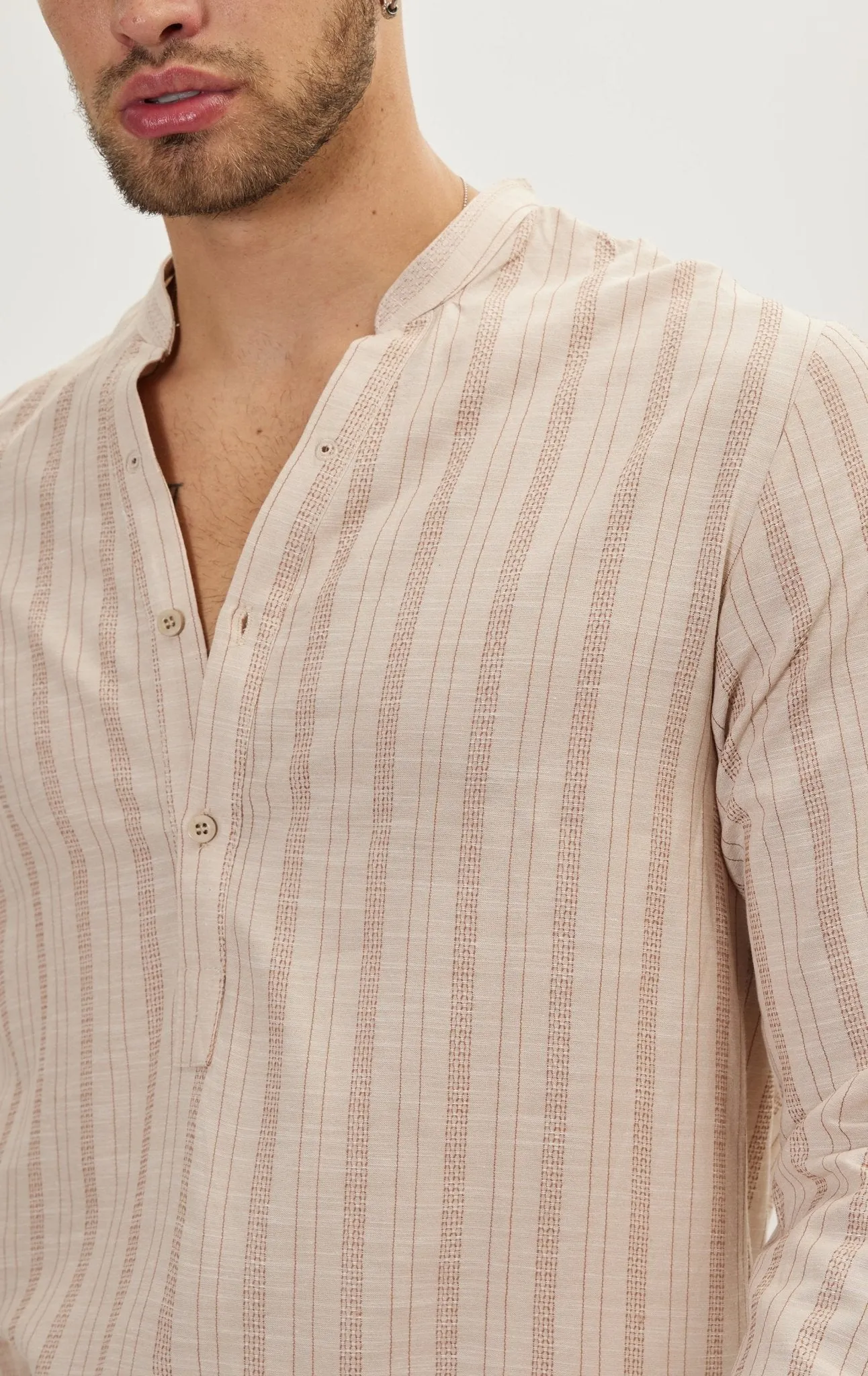 Mandarin Collar Linen Shirt - Beige