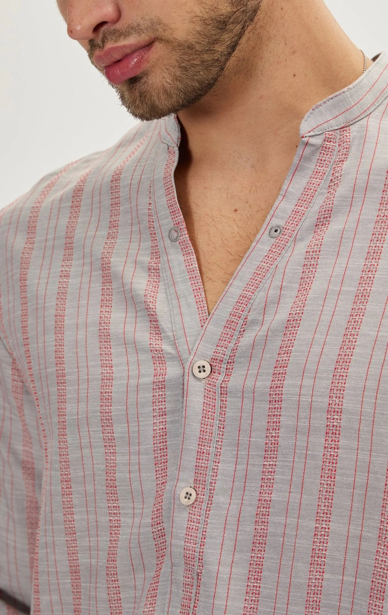 Mandarin Collar Linen Shirt - Grey