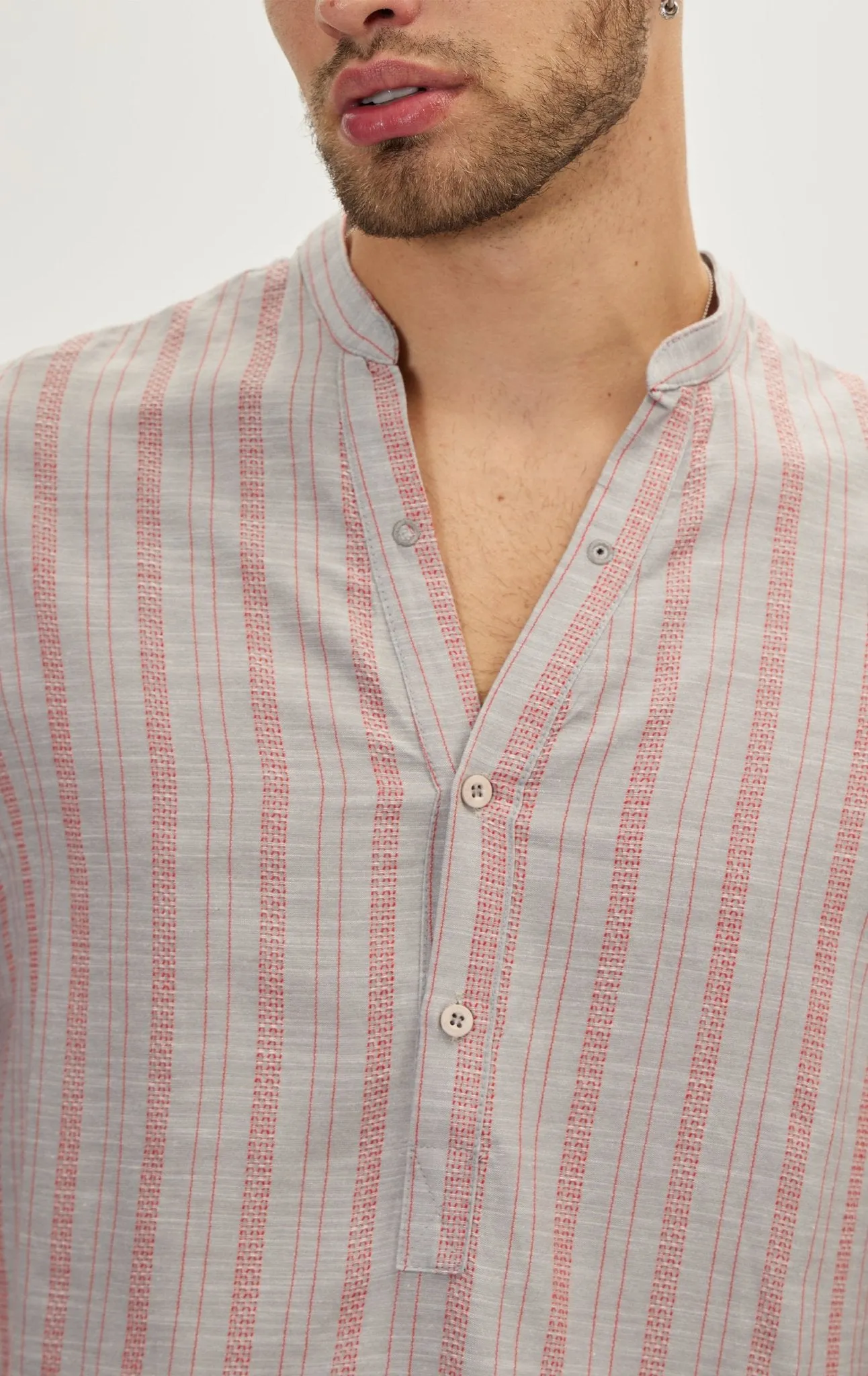 Mandarin Collar Linen Shirt - Grey