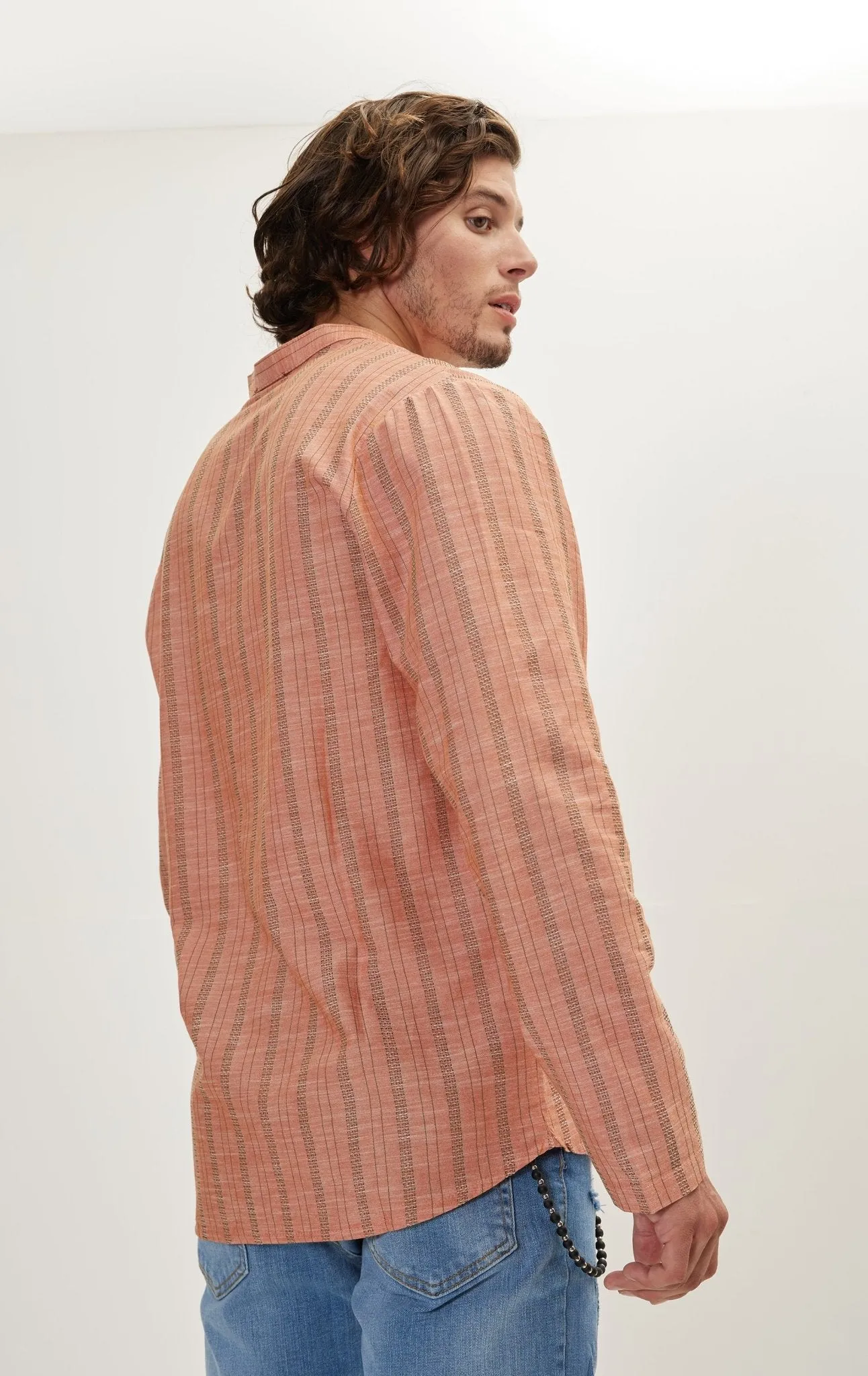 Mandarin Collar Linen Shirt - Orange