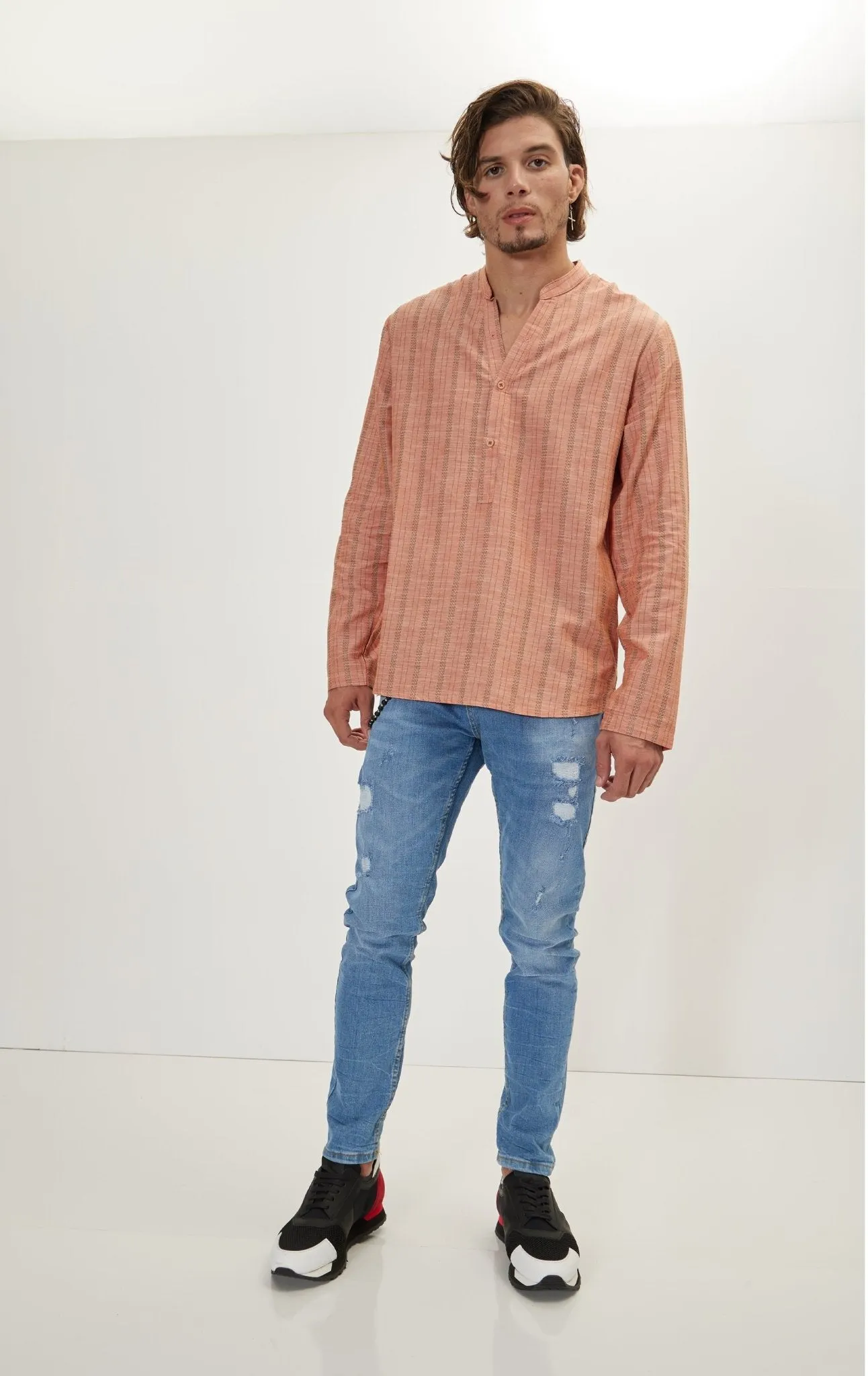 Mandarin Collar Linen Shirt - Orange