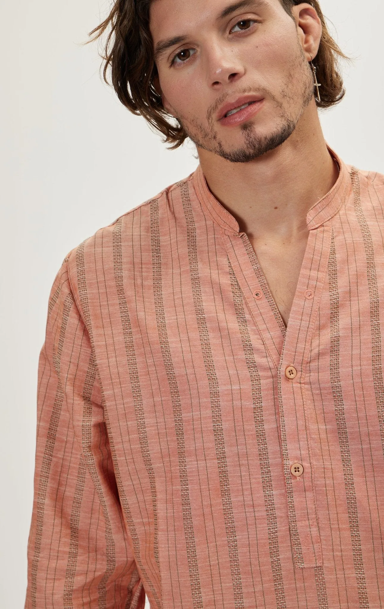 Mandarin Collar Linen Shirt - Orange