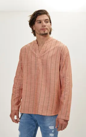 Mandarin Collar Linen Shirt - Orange