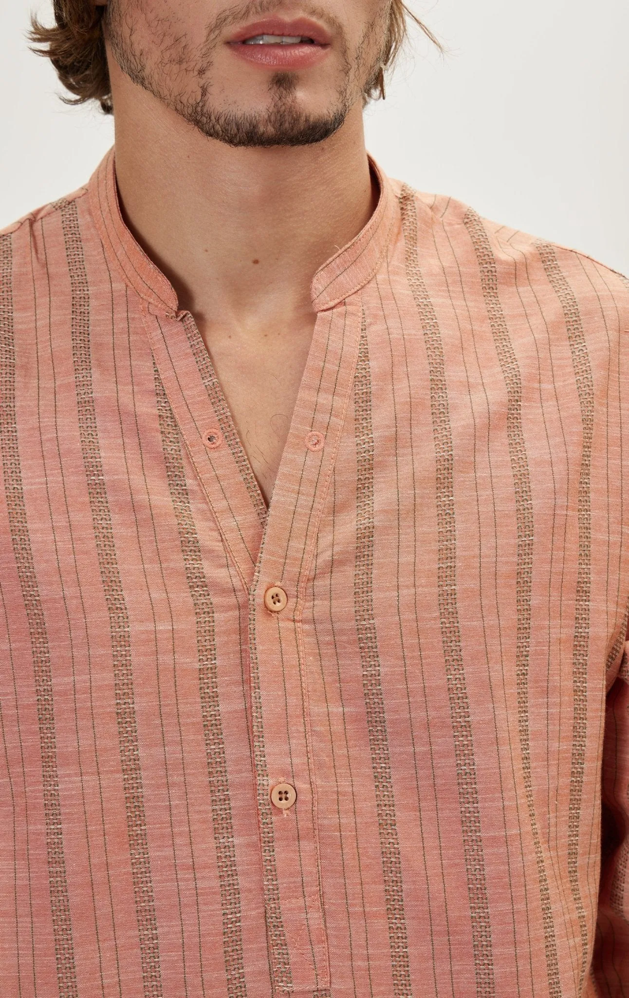 Mandarin Collar Linen Shirt - Orange