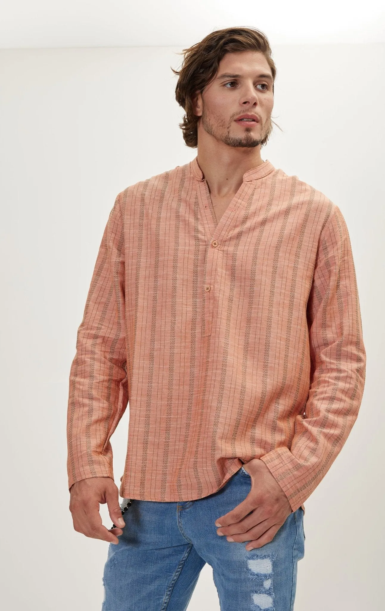 Mandarin Collar Linen Shirt - Orange