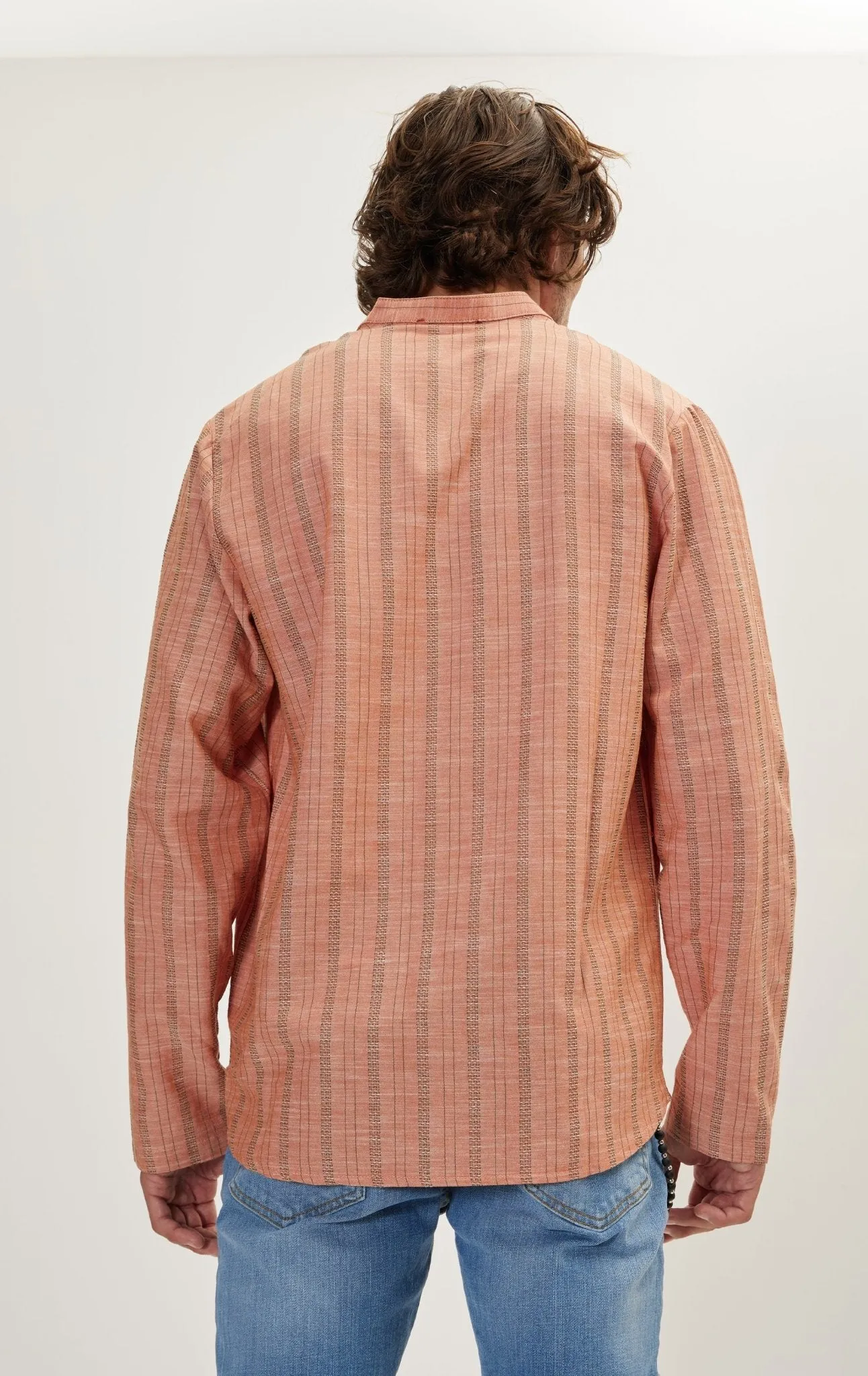 Mandarin Collar Linen Shirt - Orange