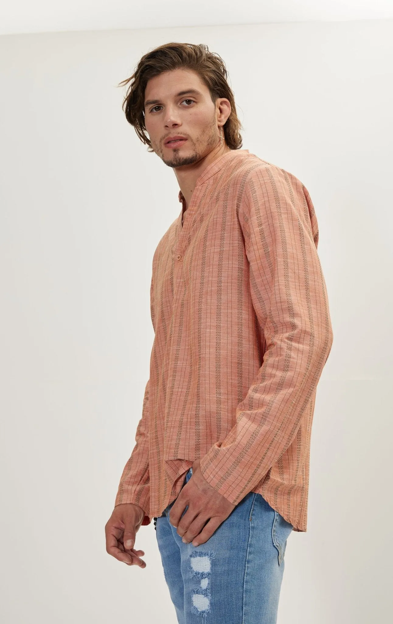 Mandarin Collar Linen Shirt - Orange