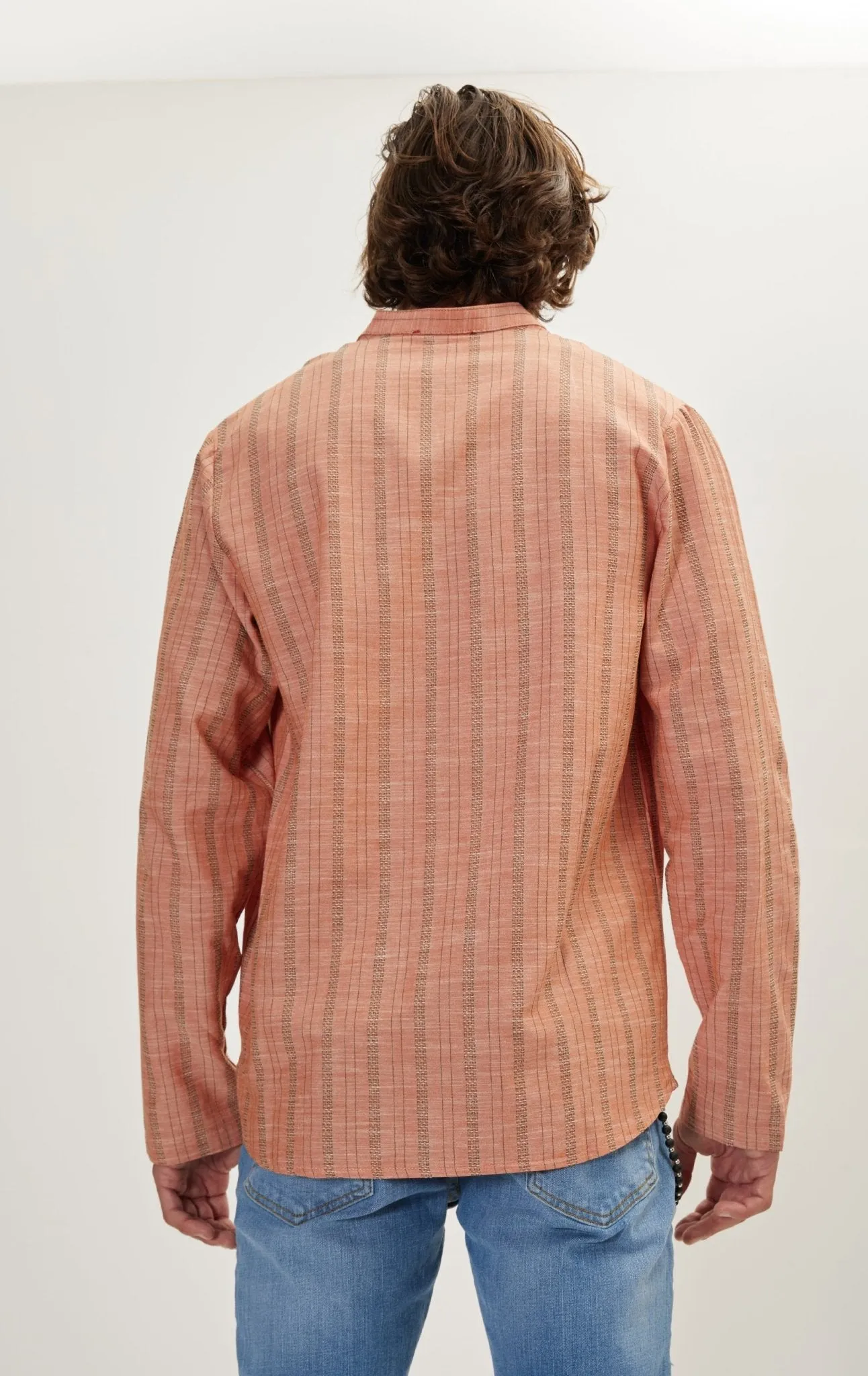 Mandarin Collar Linen Shirt - Orange