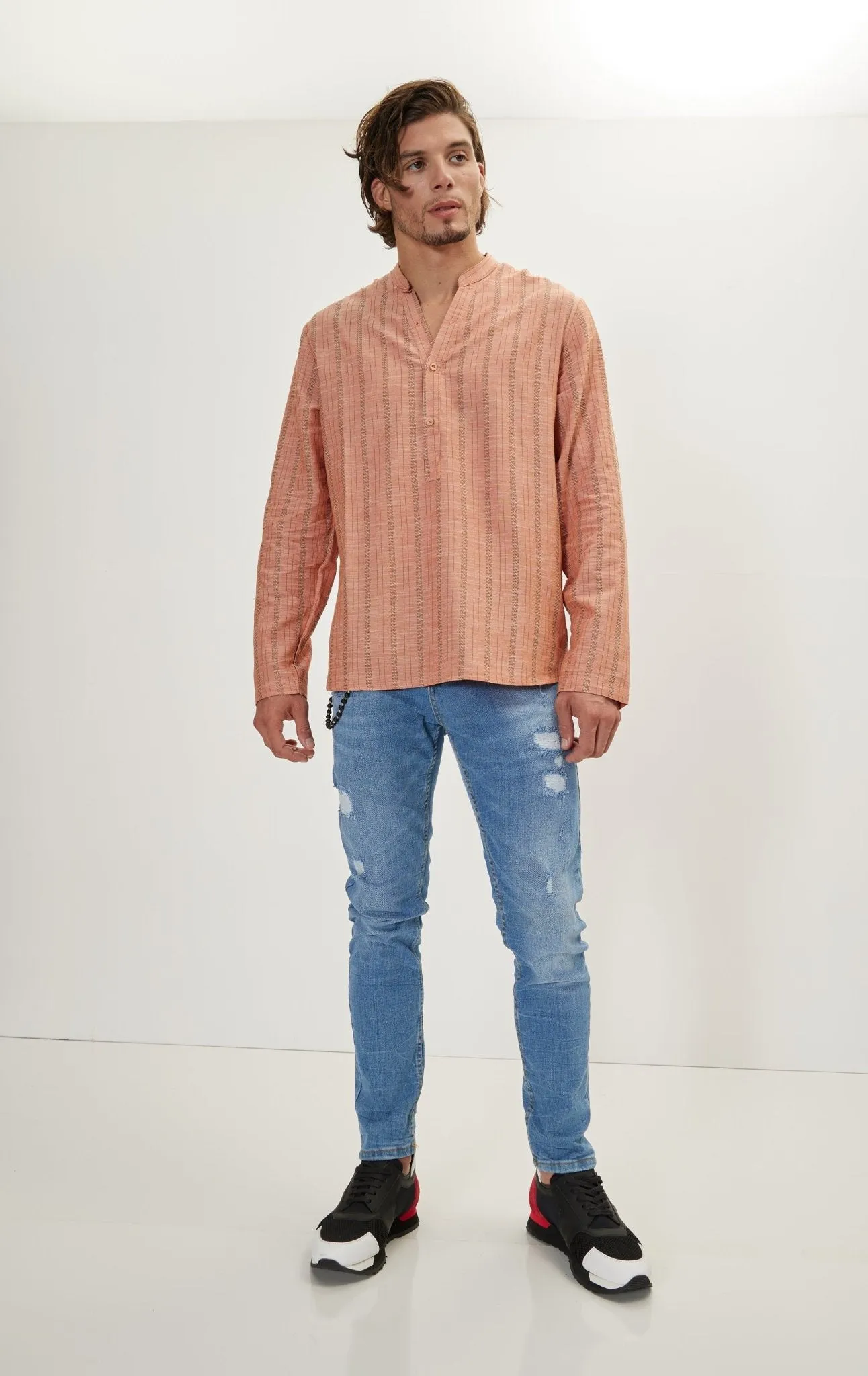 Mandarin Collar Linen Shirt - Orange