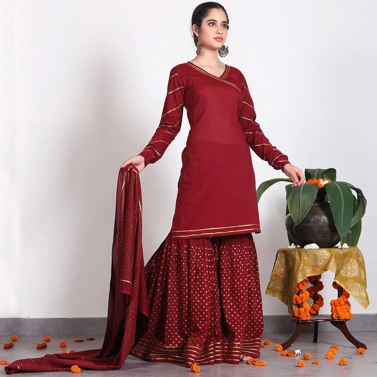 Maroon Gold Printed Kurta Set with Dupatta