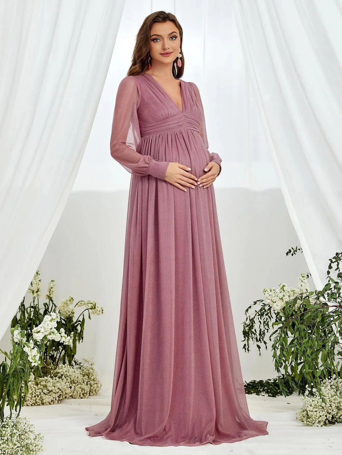 Maternity V Neck Lantern Sleeve A Line Dress