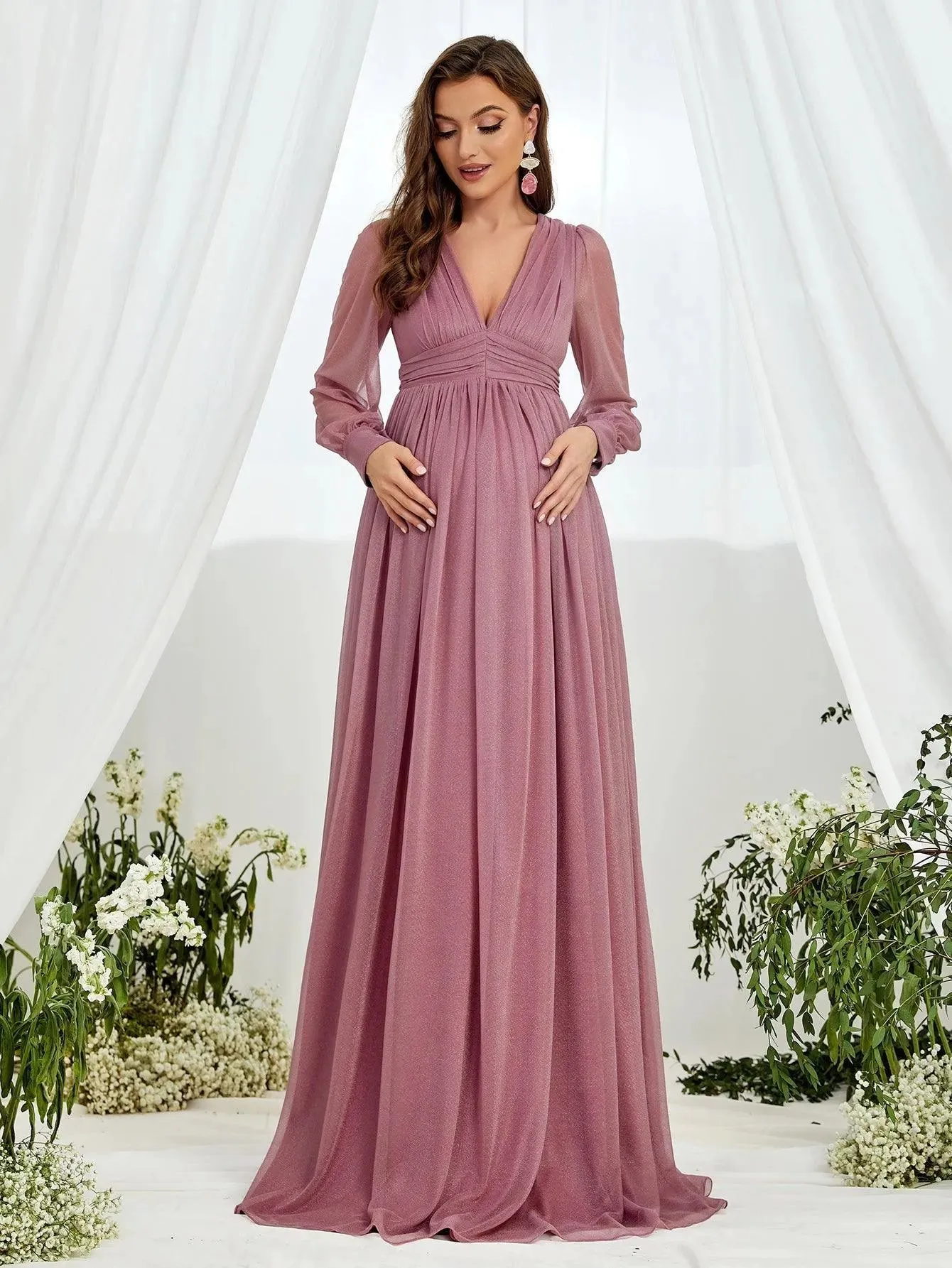 Maternity V Neck Lantern Sleeve A Line Dress