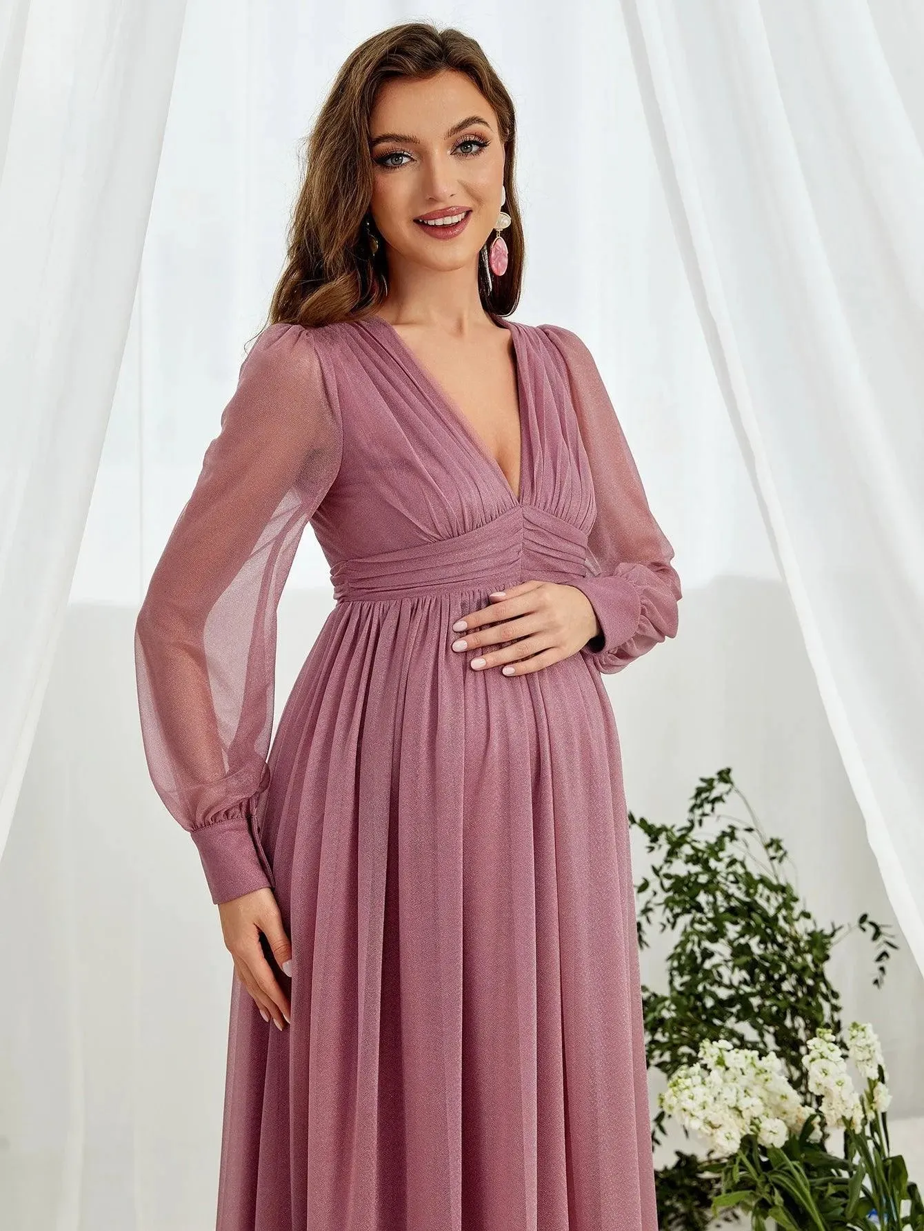 Maternity V Neck Lantern Sleeve A Line Dress