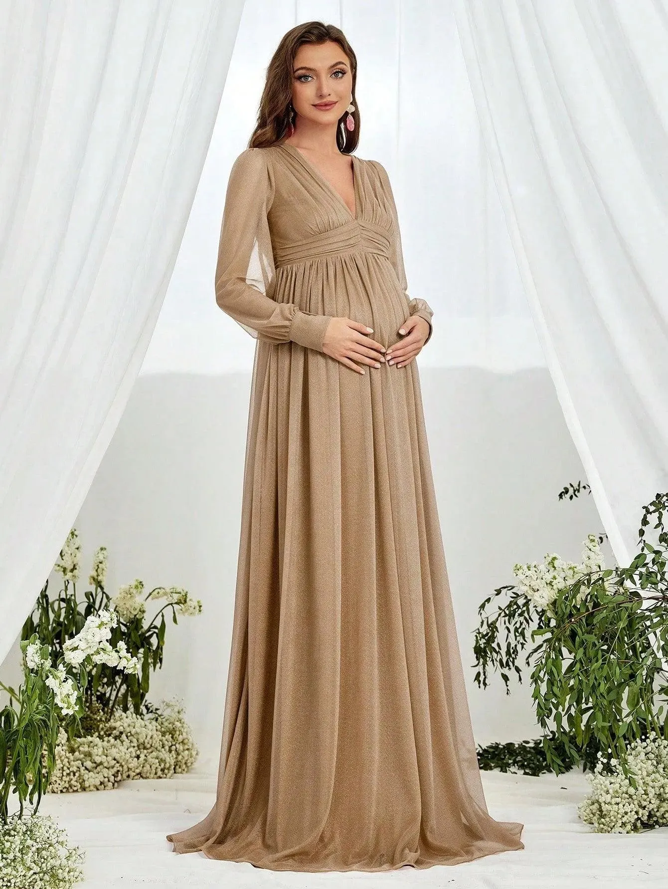 Maternity V Neck Lantern Sleeve A Line Dress