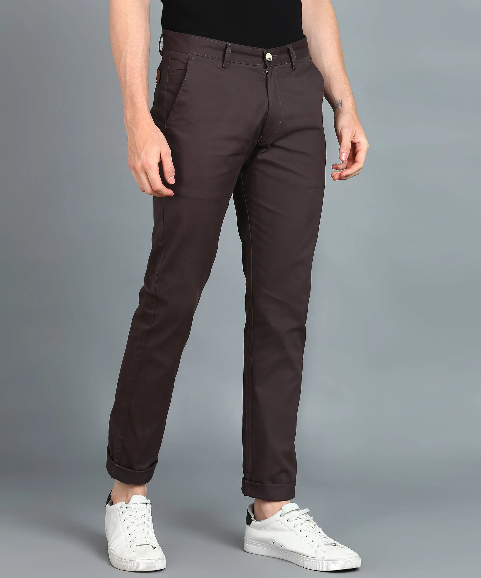 Men's Dark Grey Cotton Light Weight Non-Stretch Slim Fit Casual Trousers