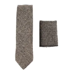 Mens Herringbone Tweed Wool Tie & Hankerchief 2" Smart Formal