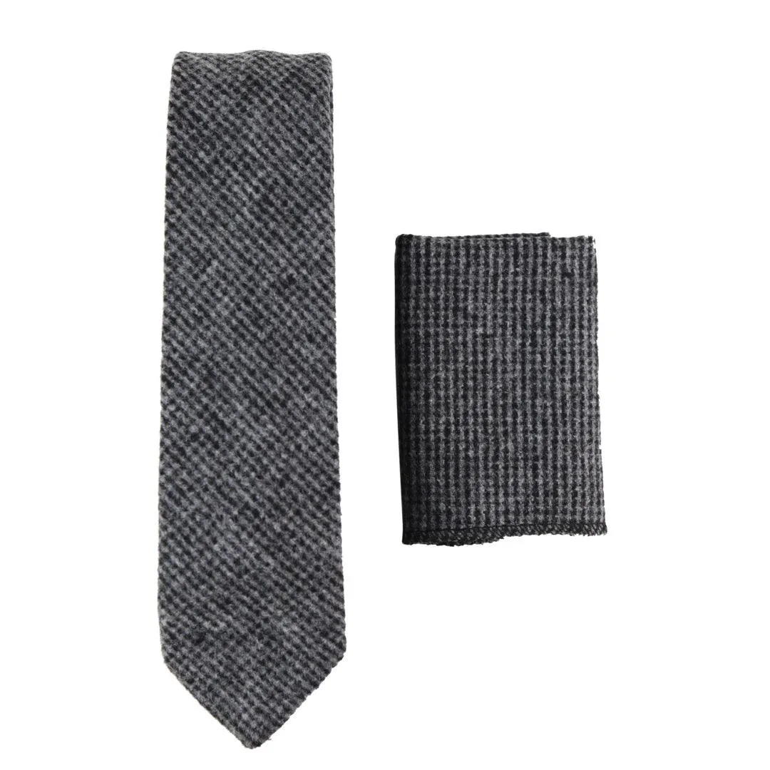 Mens Herringbone Tweed Wool Tie & Hankerchief 2" Smart Formal