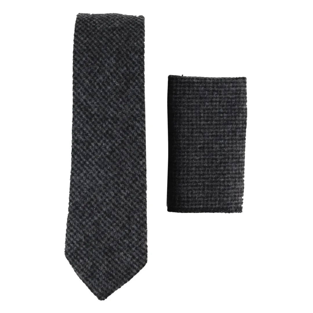 Mens Herringbone Tweed Wool Tie & Hankerchief 2" Smart Formal