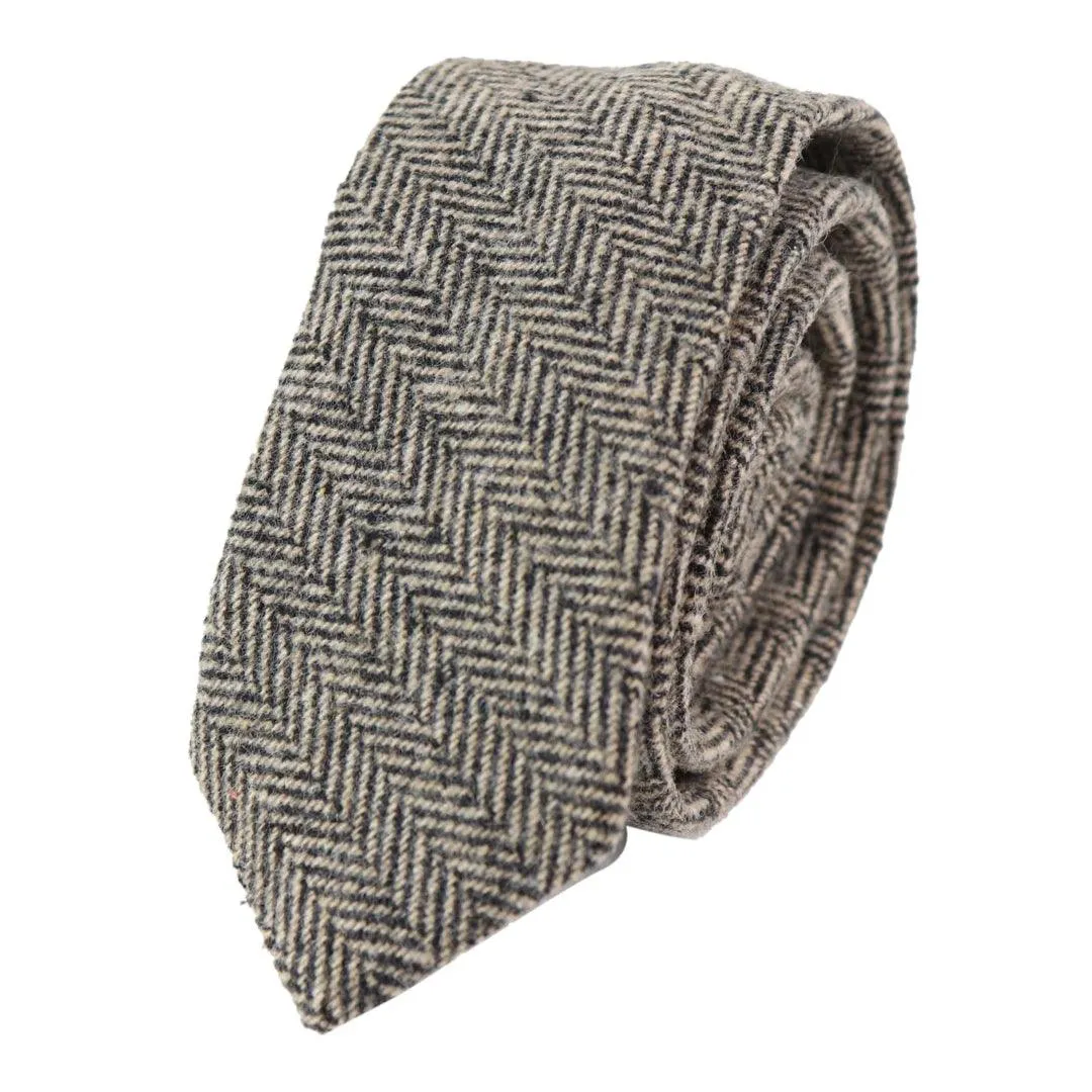 Mens Herringbone Tweed Wool Tie & Hankerchief 2" Smart Formal