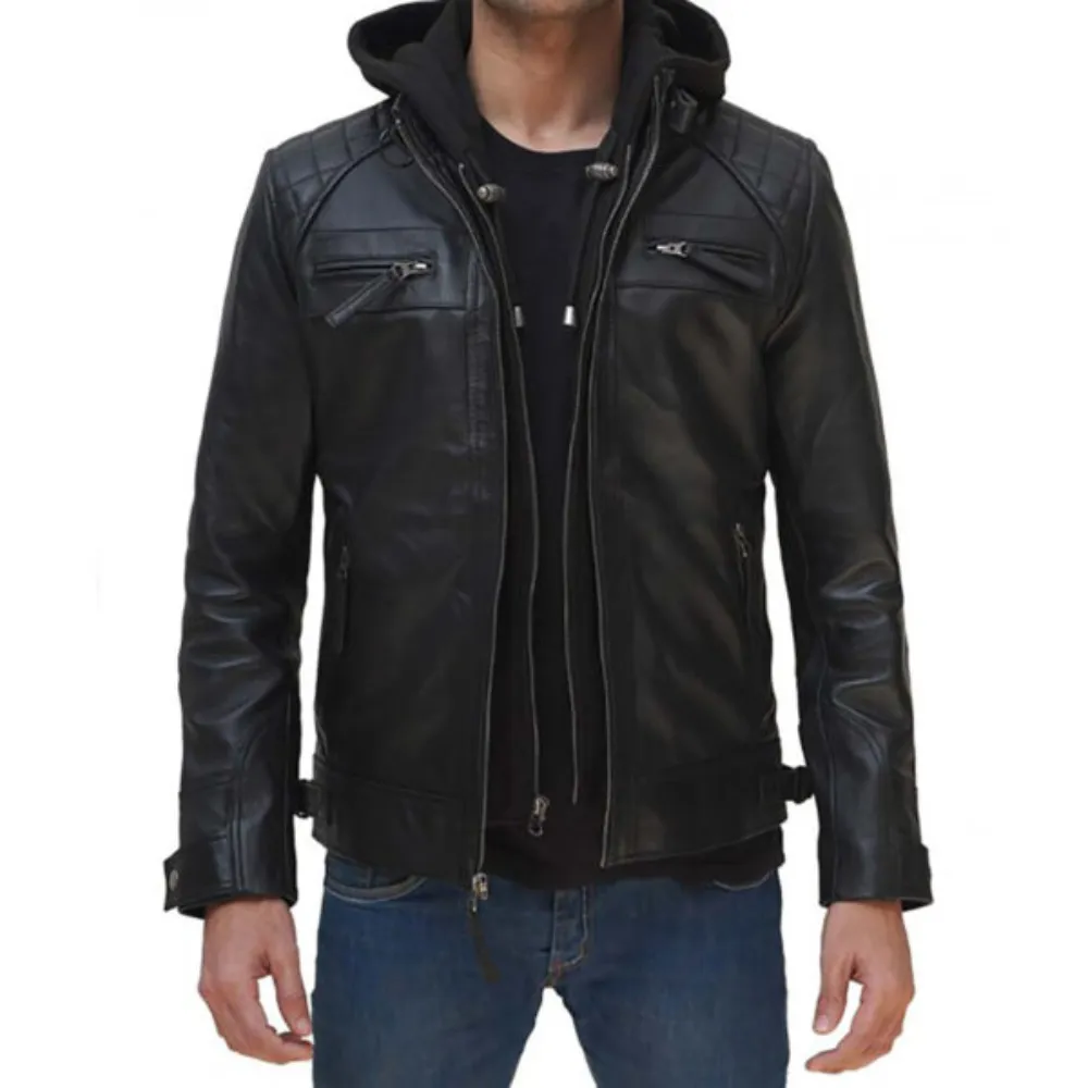 Men’s Hooded Leather Quilted Racer Jacket