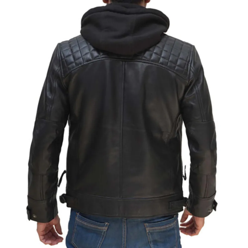 Men’s Hooded Leather Quilted Racer Jacket