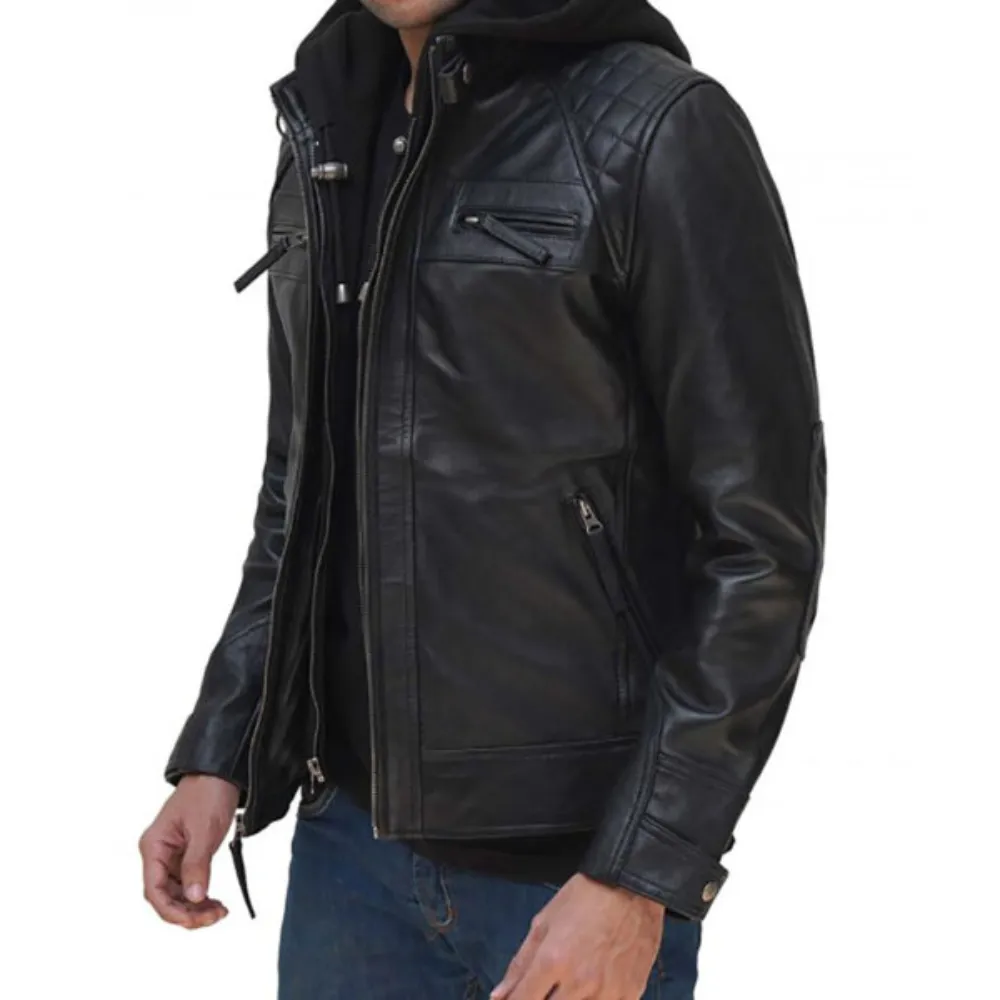 Men’s Hooded Leather Quilted Racer Jacket