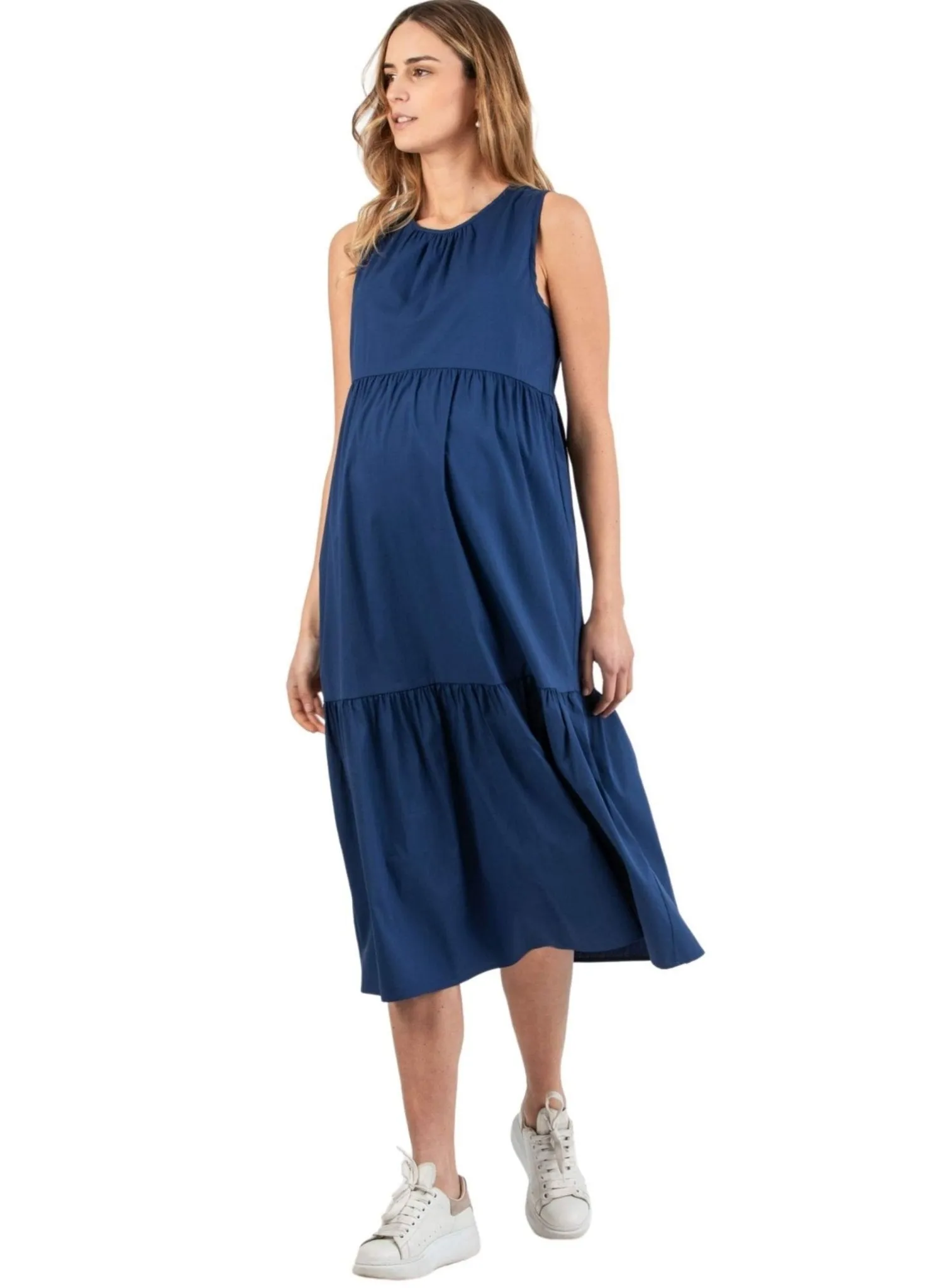 Midi Maternity Dress with Flounces and Cord with Pearls - Blue