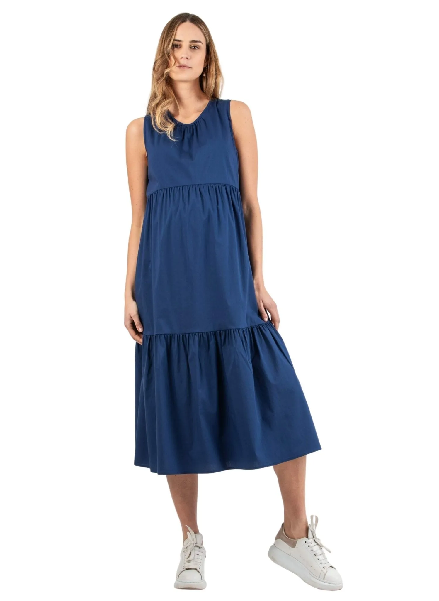 Midi Maternity Dress with Flounces and Cord with Pearls - Blue