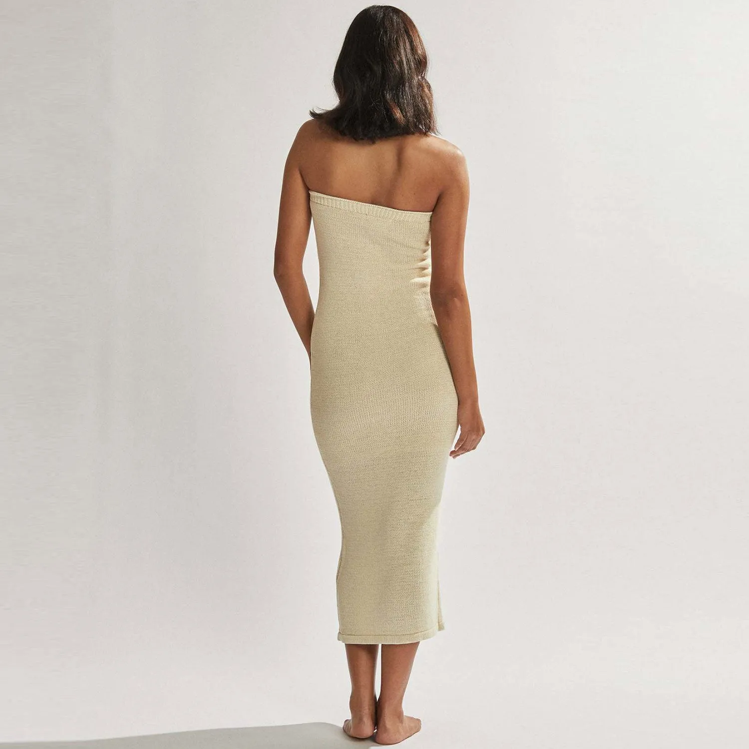 Minimalist Solid Color Ribbed Trim Strapless Bodycon Midi Knit Dress