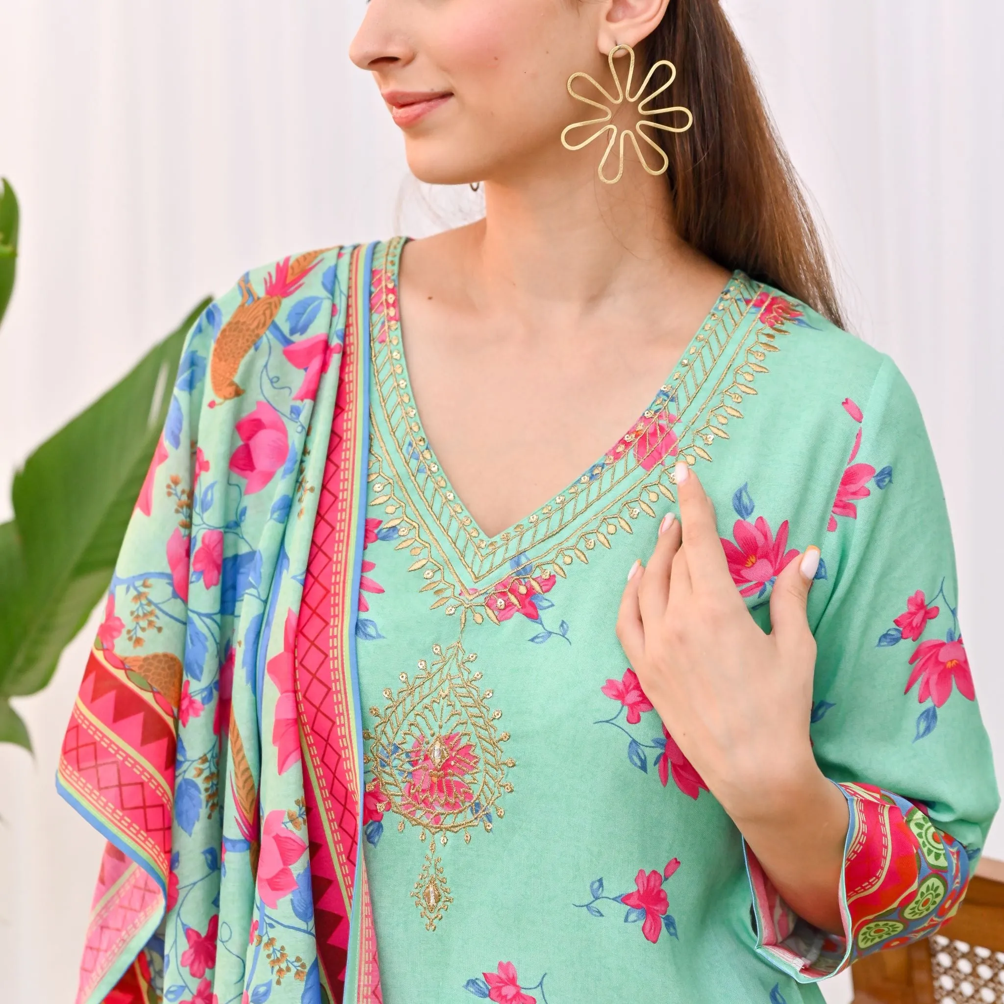 Mint Green Lotus Printed Salwar Kurta Set with Dupatta & Neck Embroidery Detail