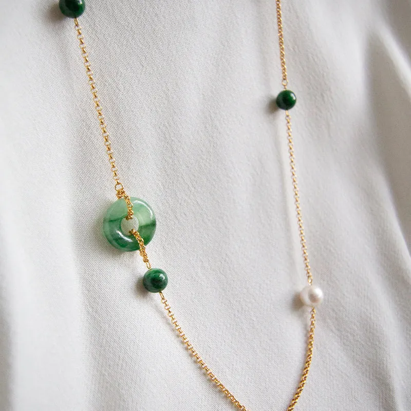 Multi Jade & Single Pearl Long Necklace