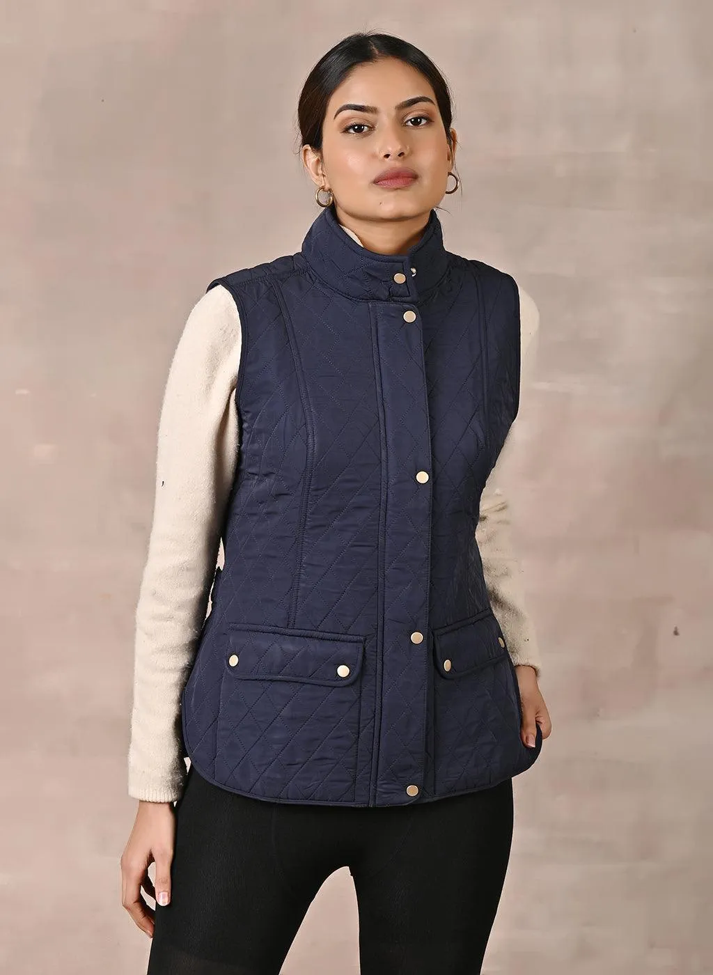 Navy Blue Solid Sleeveless Quilted Jacket  With Rivets Detail & Curved Hem