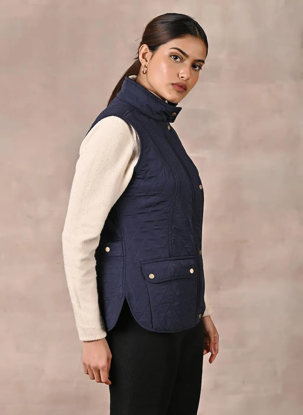 Navy Blue Solid Sleeveless Quilted Jacket  With Rivets Detail & Curved Hem