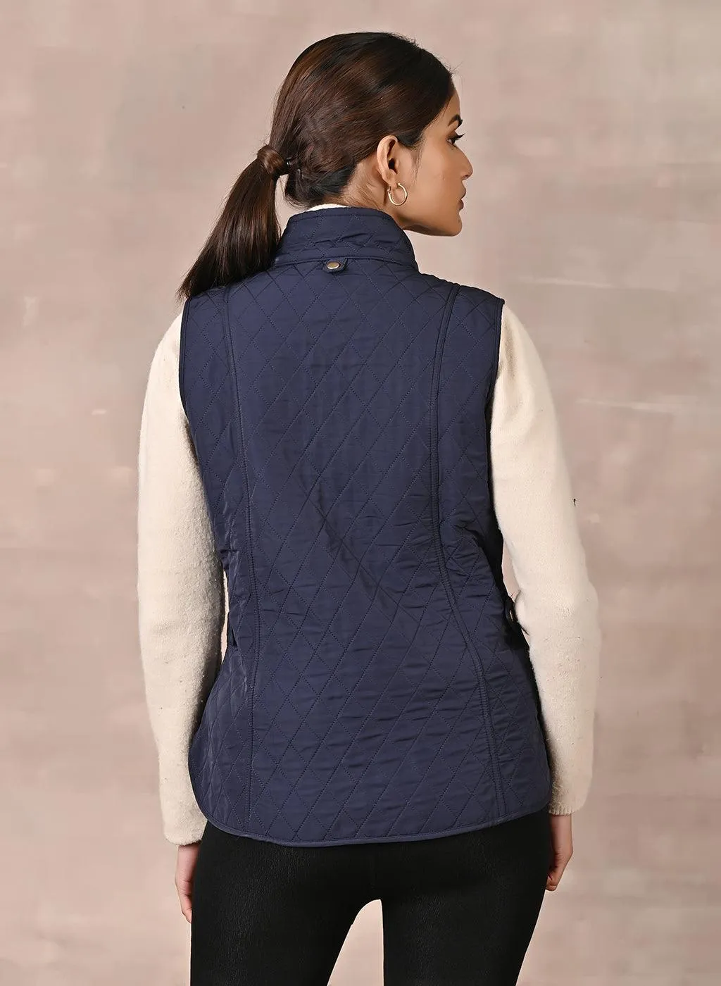 Navy Blue Solid Sleeveless Quilted Jacket  With Rivets Detail & Curved Hem