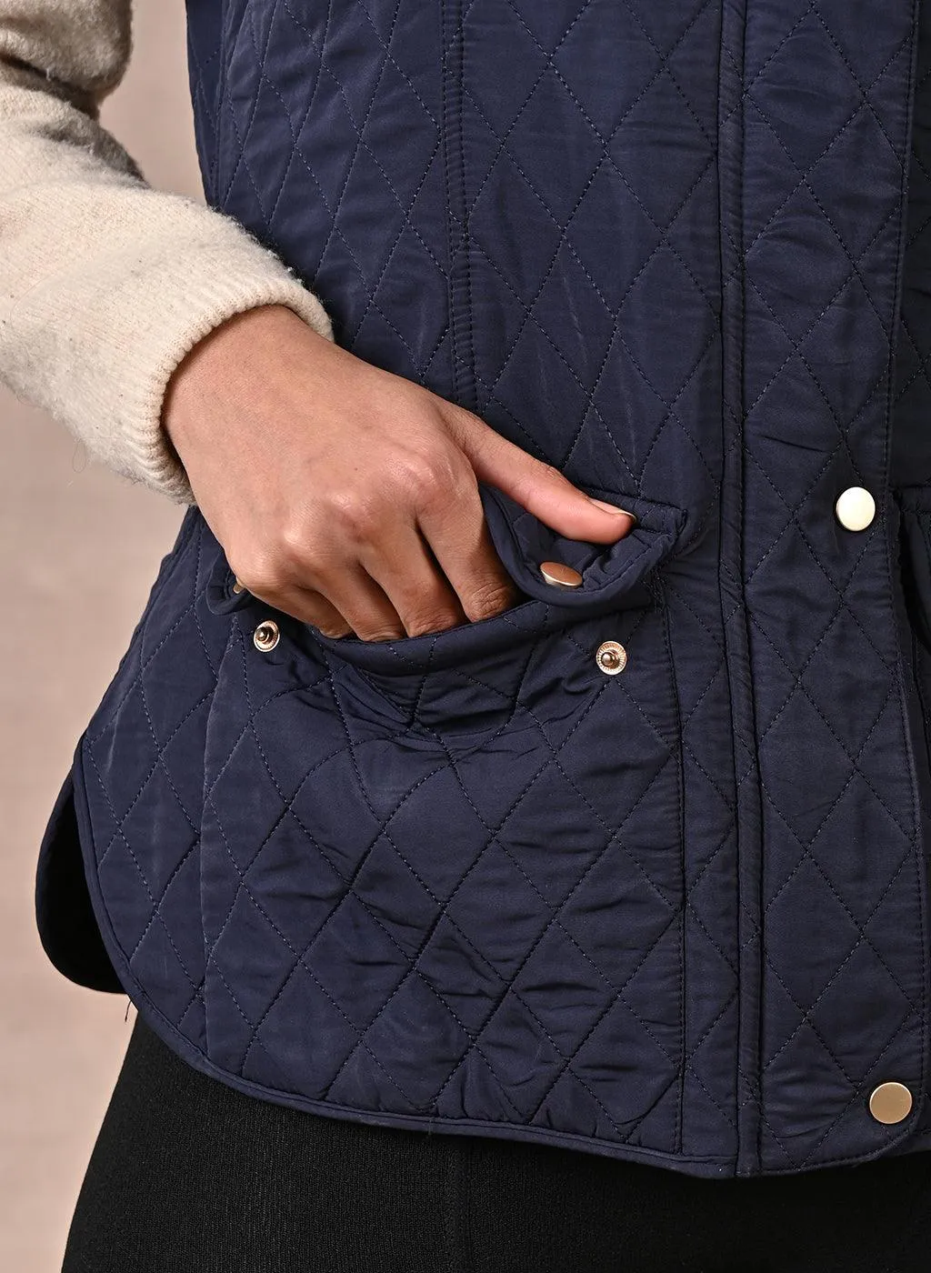 Navy Blue Solid Sleeveless Quilted Jacket  With Rivets Detail & Curved Hem