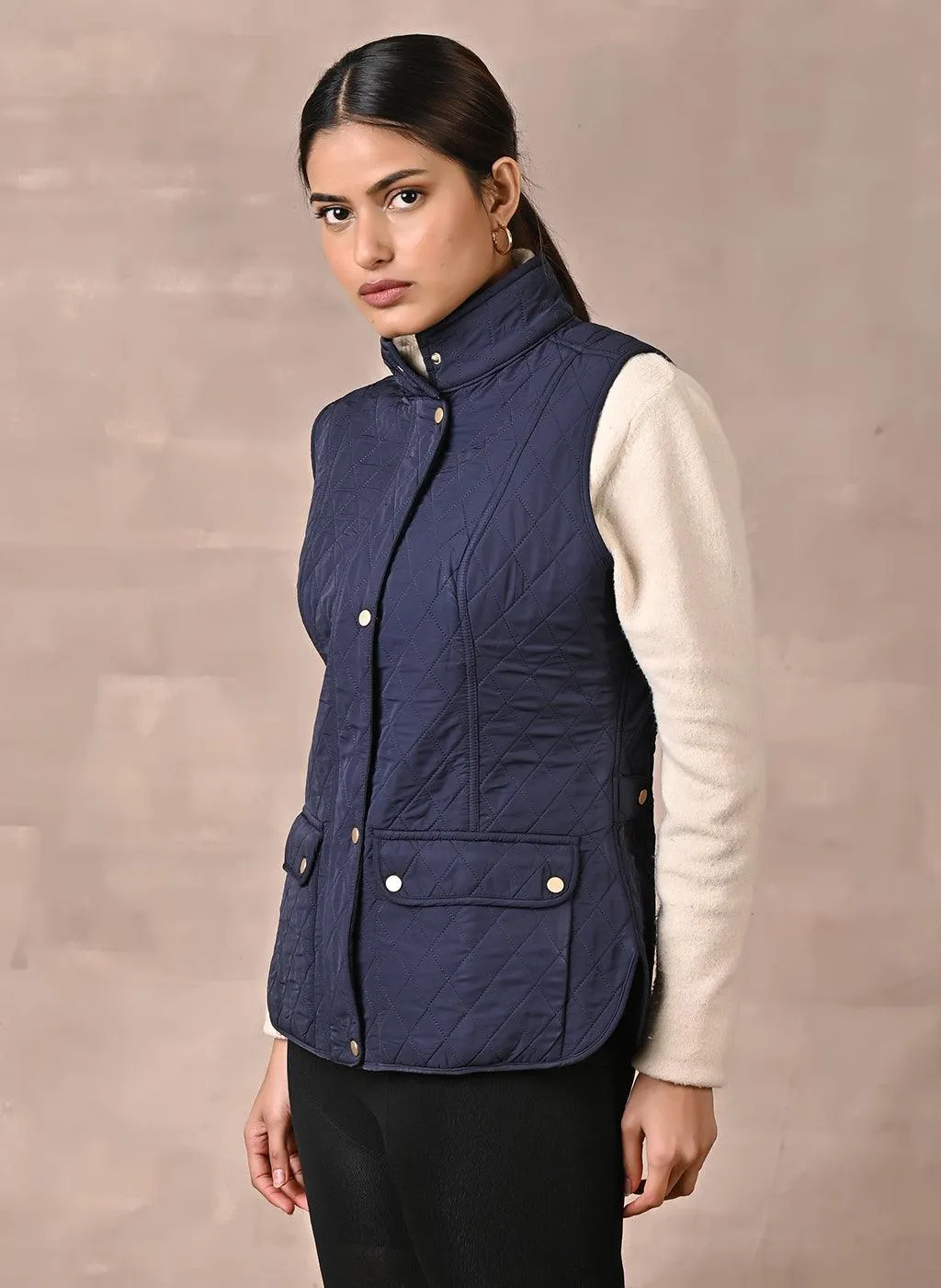 Navy Blue Solid Sleeveless Quilted Jacket  With Rivets Detail & Curved Hem