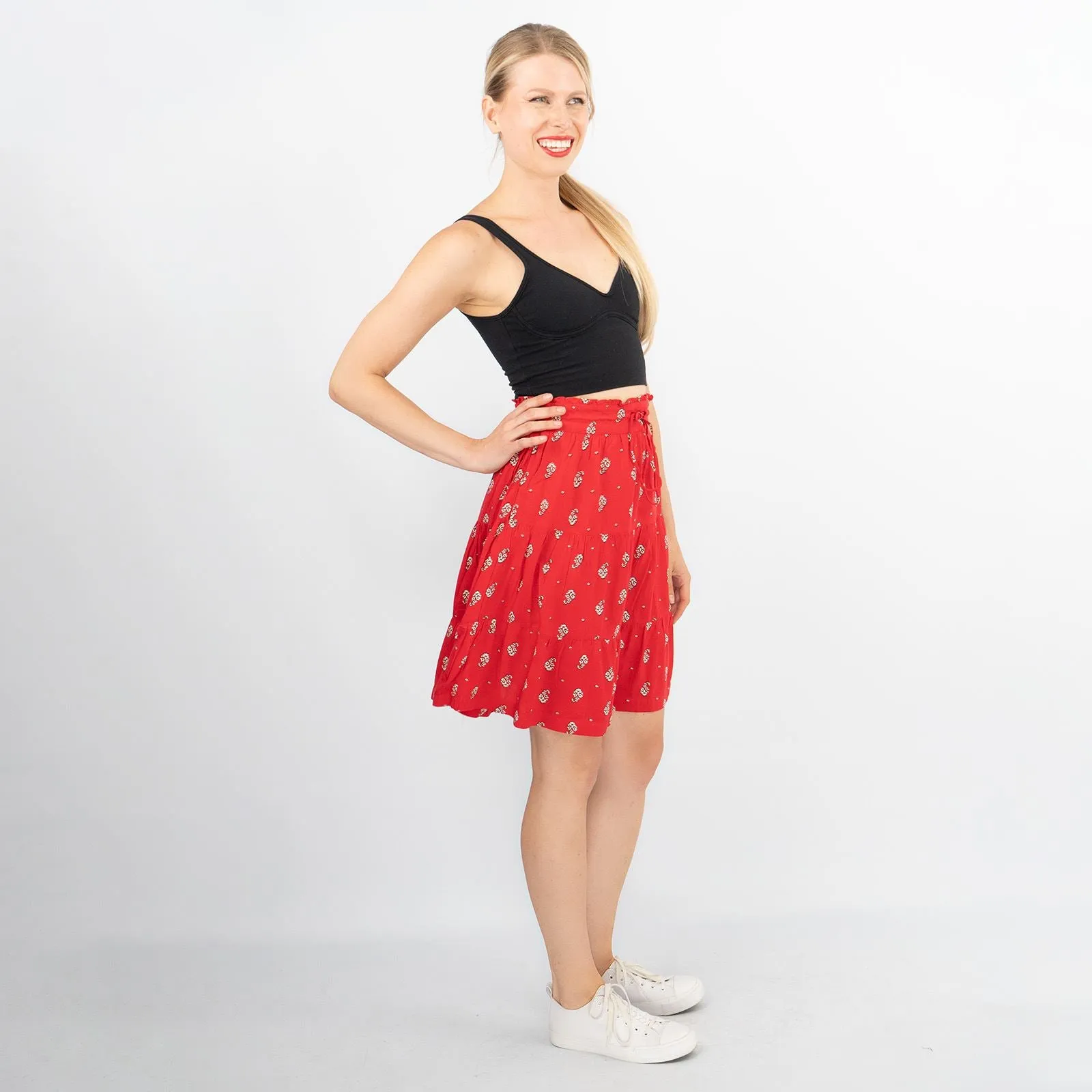 Next Red Floral Elasticated Waist Flare Casual Summer Tiered Short Skirts