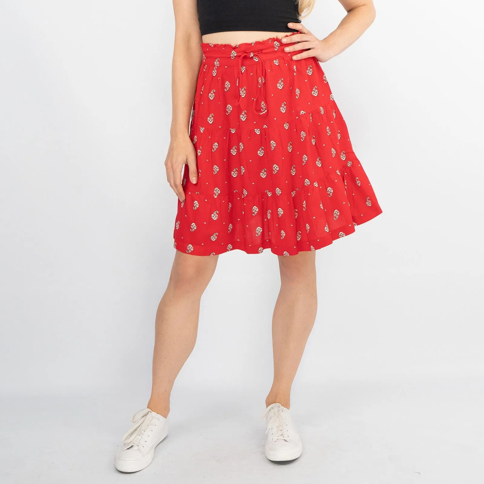 Next Red Floral Elasticated Waist Flare Casual Summer Tiered Short Skirts