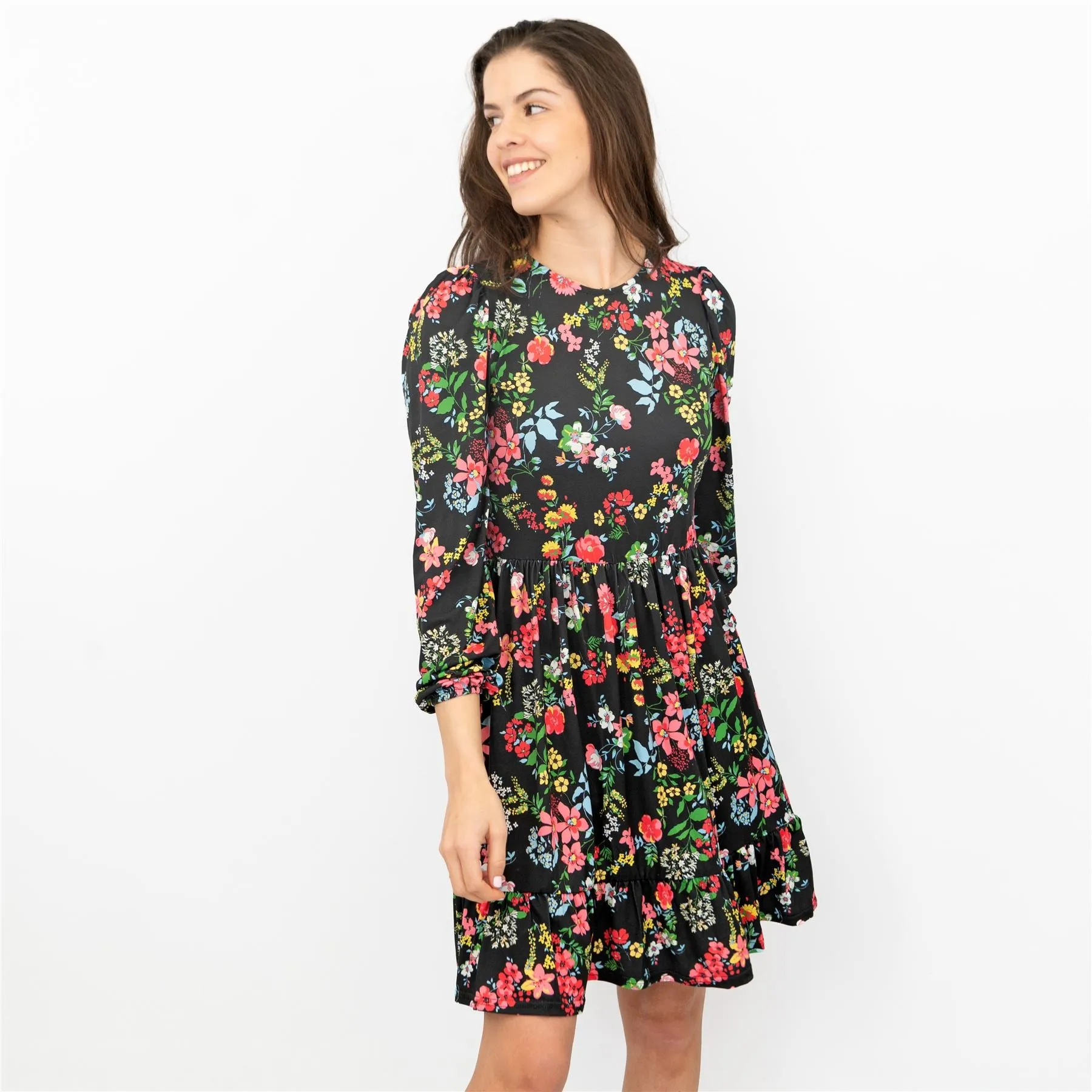 Oasis Black Floral 3/4 Sleeve Fit & Flare Swing Dress