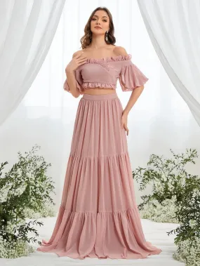 Off Shoulder Puff Sleeve Crop Top & Layered Chiffon Skirt