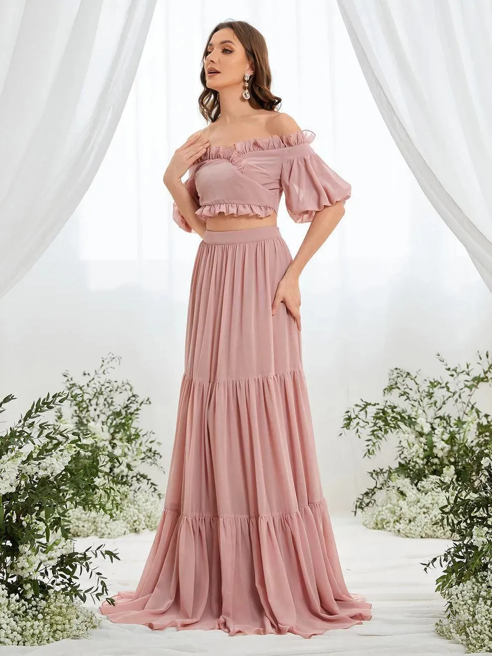 Off Shoulder Puff Sleeve Crop Top & Layered Chiffon Skirt