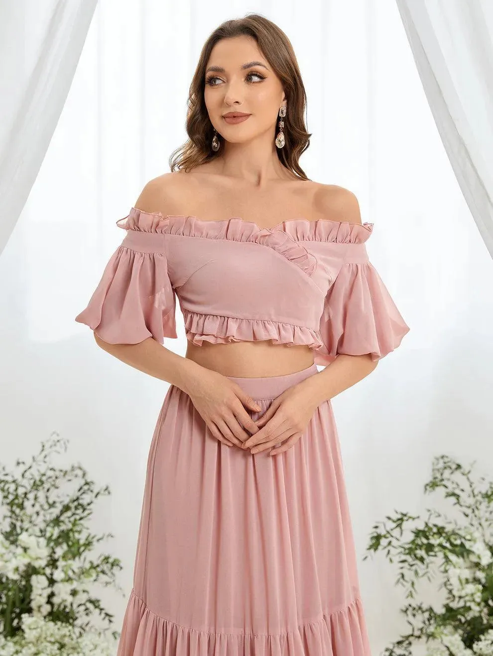 Off Shoulder Puff Sleeve Crop Top & Layered Chiffon Skirt