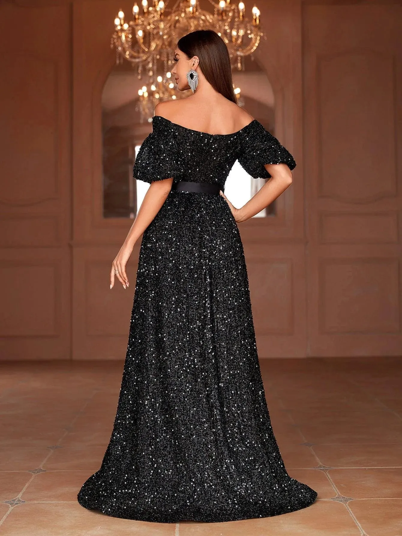 Off Shoulder Puff Sleeves Sequin A Line Dresses