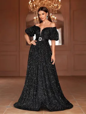 Off Shoulder Puff Sleeves Sequin A Line Dresses